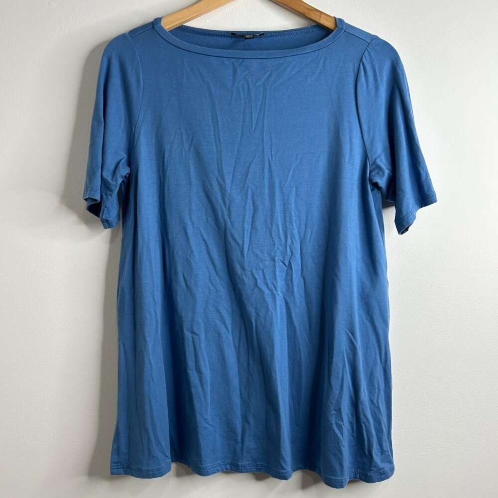 Eileen Fisher Tunic Top Shirt Womens XS Blue Short Sleeve Tencel Stretchy